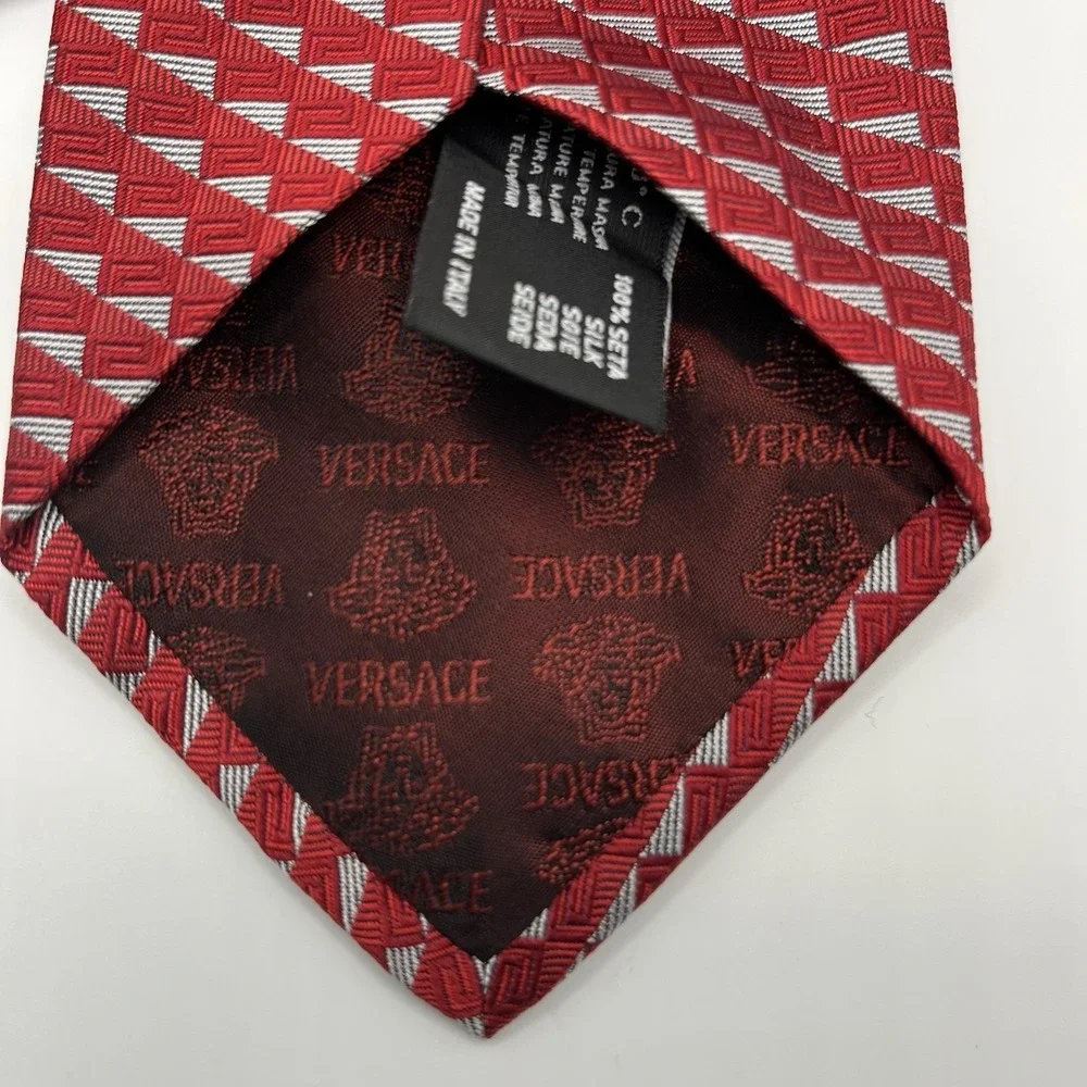 VERSACE Tie Geometric Print *FLAW* Burgundy/Silver Silk
